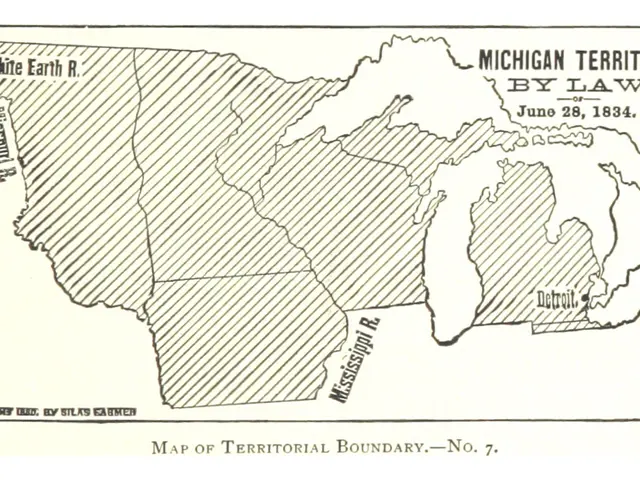 The image shows a poster with a map of the Michigan Territory by Law, with text written on it. The...