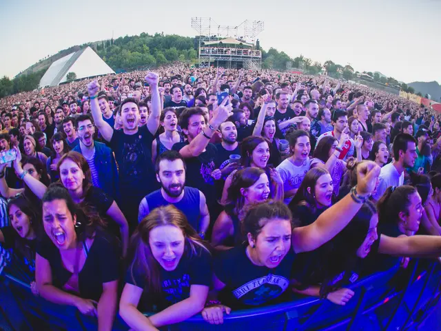 The image shows a large crowd of people at a music festival with their hands in the air, standing...