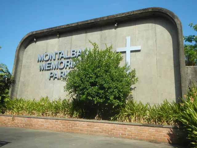 The image shows a wall with text and a cross on it, surrounded by plants and trees, with a road at...