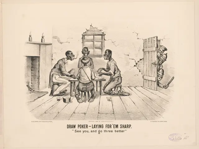 The image shows a group of people sitting around a table playing poker, with a wall, window, door,...