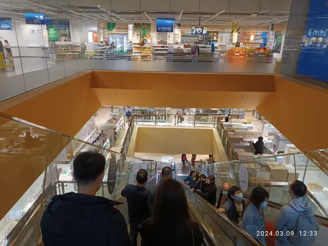 The image shows a group of people walking down an escalator in a shopping mall, surrounded by glass...
