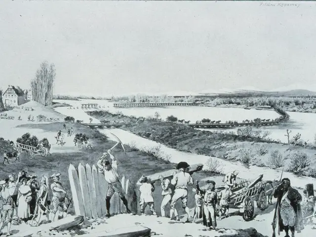 The image shows a black and white drawing of a group of people standing next to a river, with some...