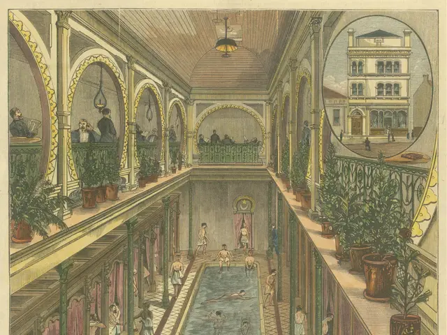 The image shows a drawing of a building with a pool in the middle of it. There are people in the...