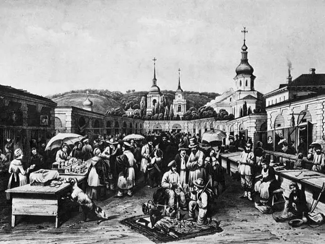 The image shows a black and white drawing of a bustling market in the old town of Kiev, Ukraine....
