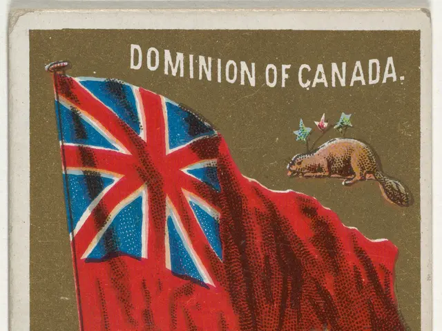 The image shows an old cigarette card with a Canadian flag on it, surrounded by leaves and a logo....