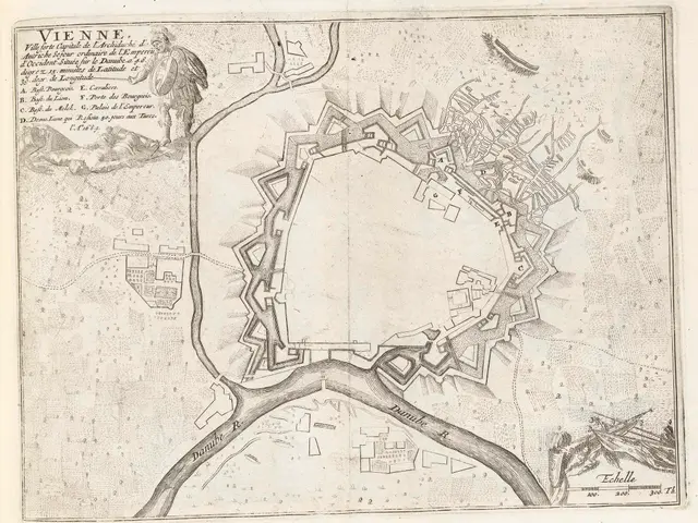 The image shows an old map of the city of Vienna, Austria, with a person standing in the center....