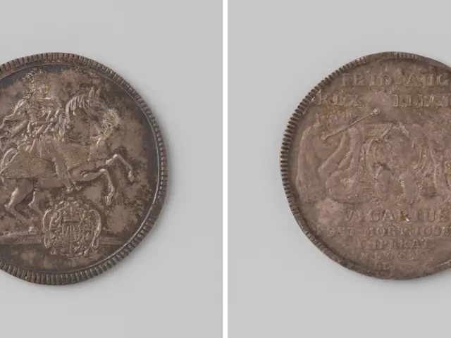 The image shows a silver coin with a horse and rider on it against a white background. The coin has...
