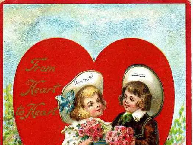 The image shows an old fashioned Valentine's Day postcard with two children standing in front of a...