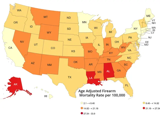 The image shows a map of the United States with different colors indicating the age-adjusted...