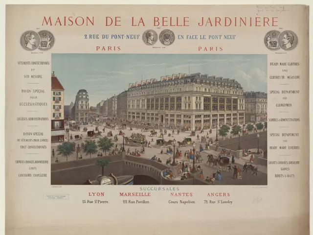 The image shows a poster of the Maison de la Belle Jardiniere in Paris, France. It features a...