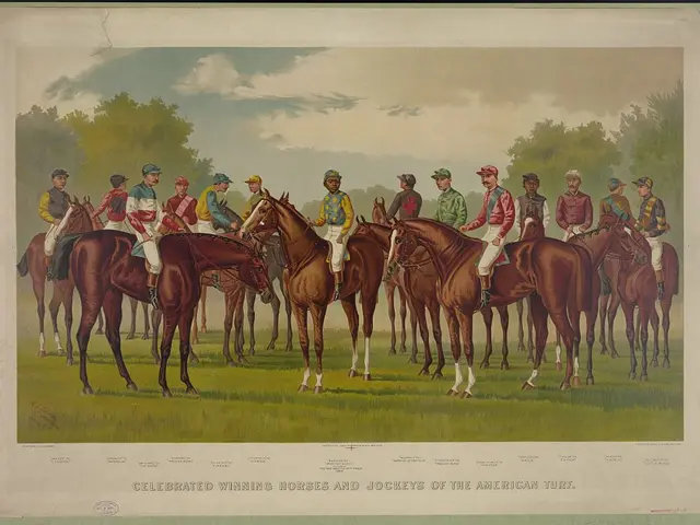 The image shows a group of people riding horses on top of a lush green field, with trees in the...