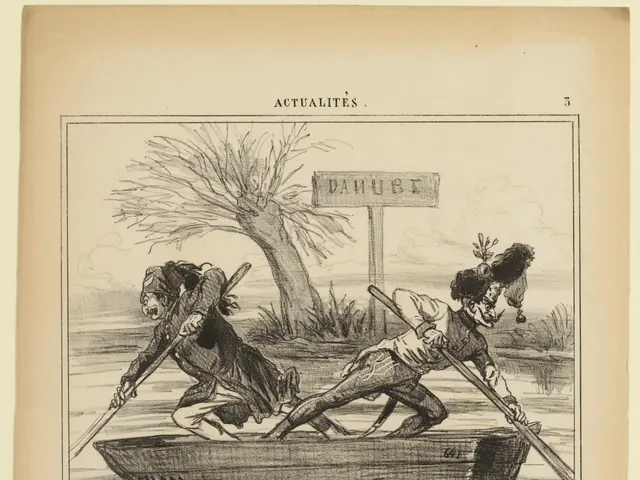 The image shows two people in a boat on a river, with a tree in the background. The boat is on the...