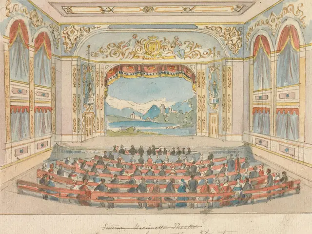 The image shows a drawing of a theater with people sitting in the auditorium. The walls are...