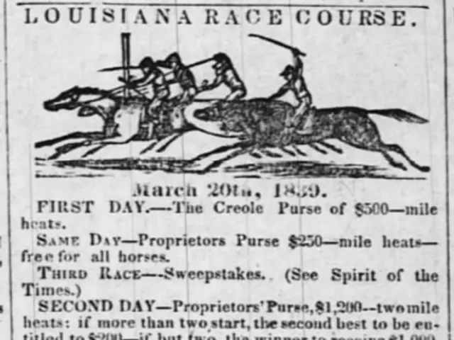 The image shows a newspaper advertisement for the Louisiana Race Course, featuring a picture of a...