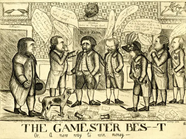 The image shows a paper with a drawing of a group of people and a dog, with the text "The Gamester...