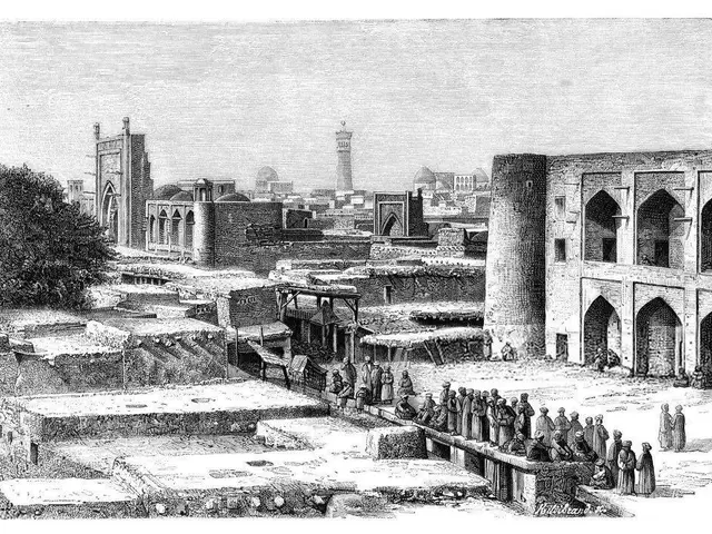 The image shows a black and white drawing of the ruins of the ancient city of Yazd, Iran, with...