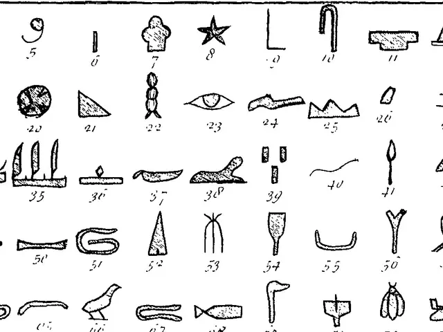 The image shows a black and white drawing of various Egyptian hieroglyphics and symbols on a white...