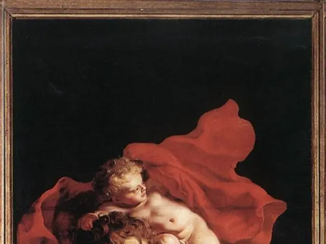 The image shows a painting of a man with a spear in his hand, framed in a photo frame. The man is...