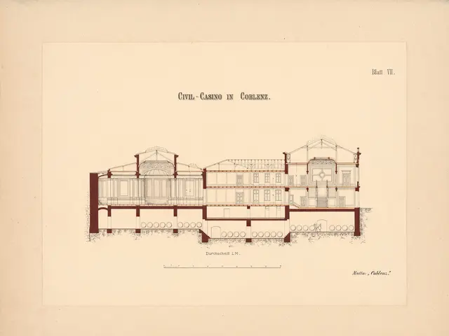 The image shows a drawing of a building with a lot of windows on a paper with some text written on...