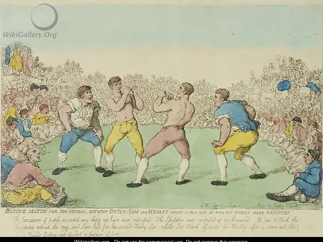 The image shows a painting of a group of men playing a game of boxing, with a crowd of people...