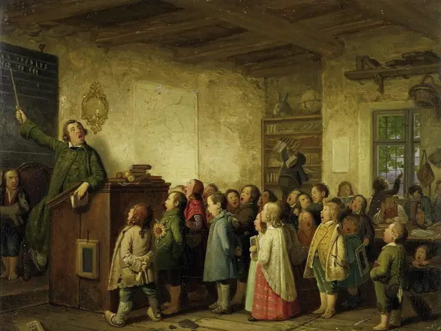 The image shows a painting of a group of children in a classroom, with a man standing at a podium...