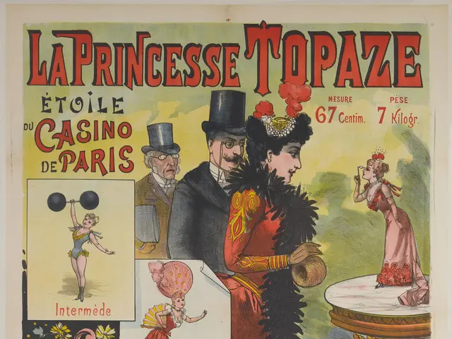 The image shows a poster advertising a casino in Paris, France. It features pictures of people and...