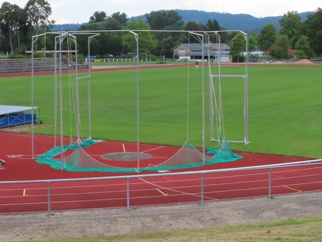 The image shows a soccer field with a net on top of it, surrounded by a metal fence, grass, a group...