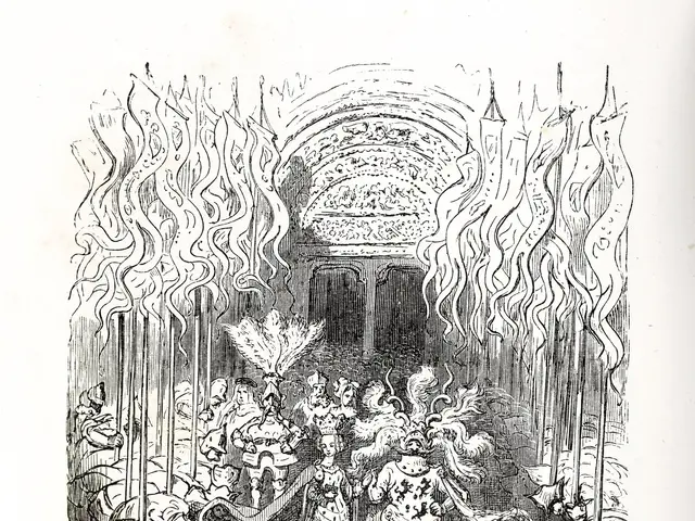 The image shows a black and white drawing of a group of people in a room, with text at the bottom....