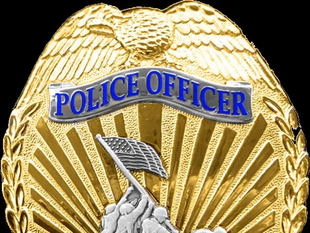 The image shows a police officer badge with the words "U.S. Marine Corps" written on it against a...