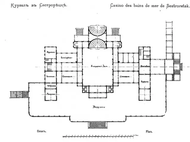 The image shows a black and white drawing of a floor plan of a building with a lot of windows,...
