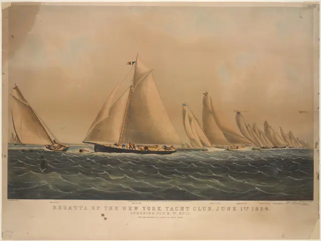 The image shows a regatta of the New York Yacht Club, with a few boats on the water and a few...