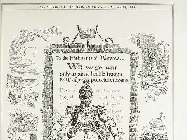 The image shows an old book with a drawing of a man in a military uniform, holding a sign that...