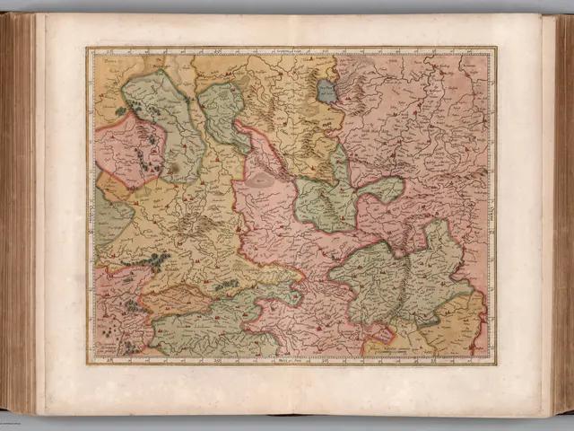 The image shows an open book with a map of Germany on it. The map is detailed and shows the various...
