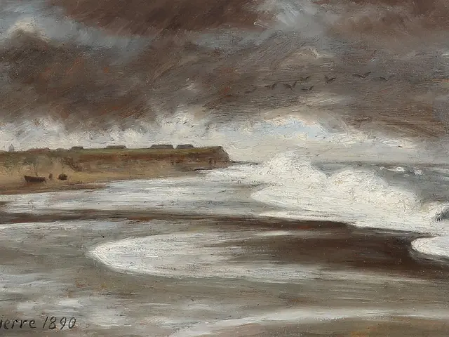 The image shows a painting of a beach with waves crashing on the shore, a wall in the background,...