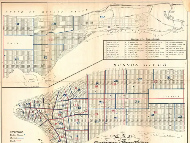The image shows an old map of the city of New York, with the Hudson River running through it. The...