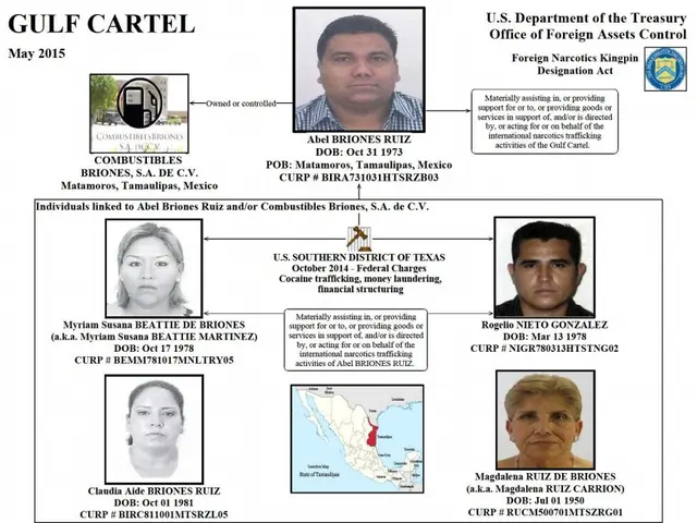 The image shows a poster with pictures of three people, a map, and text that reads "Gulf Cartel -...