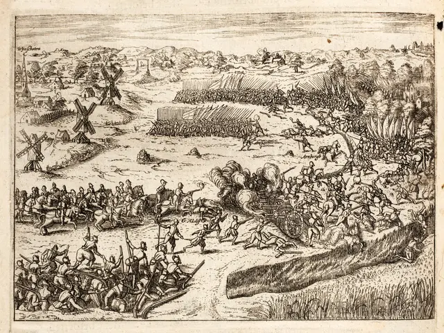 The image shows a black and white drawing of a battle scene with a group of people in the...
