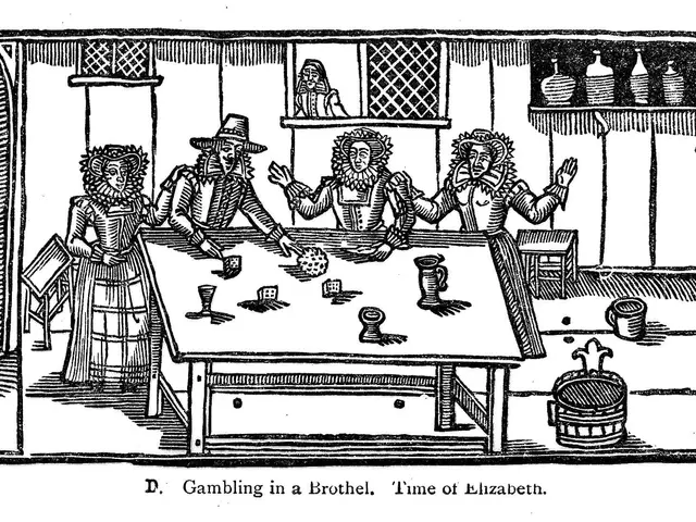 The image shows a black and white drawing of a group of people sitting around a table, playing a...