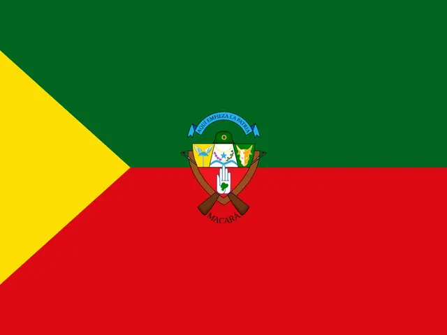 The image shows the flag of Macau, which is composed of three horizontal stripes of green, yellow,...