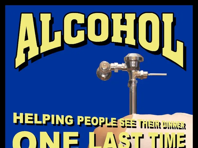 The image shows a poster with a person on a toilet seat and a tap in the background. The text on...