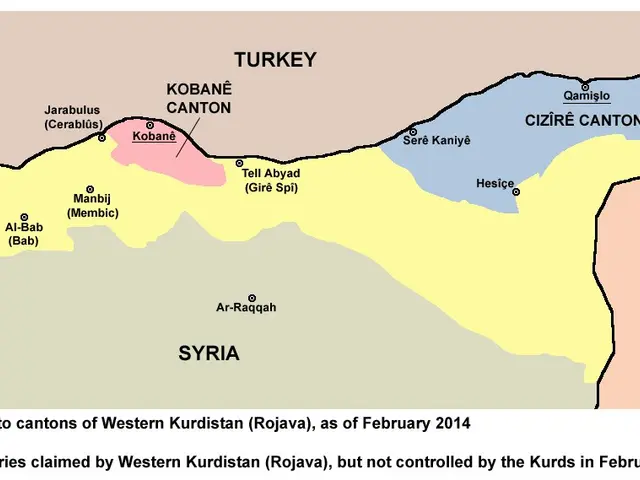 The image shows a poster with a map of Syria and Iraq, with text indicating the extent of the...
