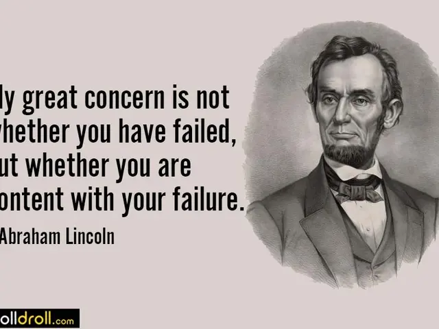 The image shows a portrait of Abraham Lincoln with the quote "My great concern is not whether you...