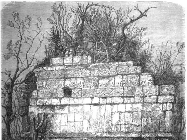 The image shows a black and white engraving of the ruins of the Mayan city of Tikalpa, Guatemala....