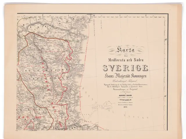 The image shows an old map of Sweden with a red line on it, set against a white background. The...