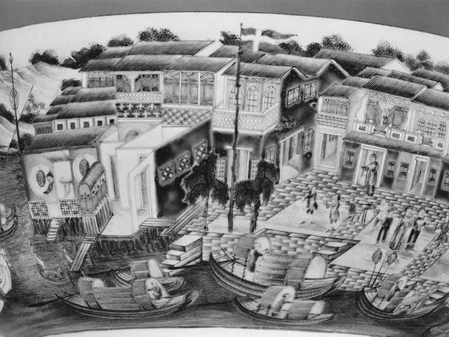 The image shows a black and white drawing of a city with boats in the water, depicting a scene of...