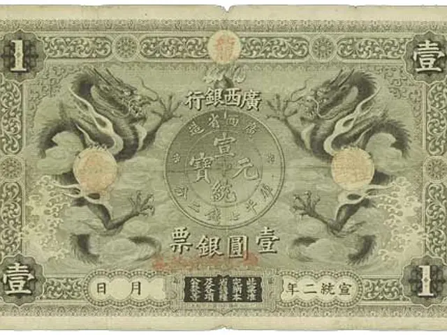 The image shows an old Chinese banknote with a dragon on it. The paper has text and numbers written...