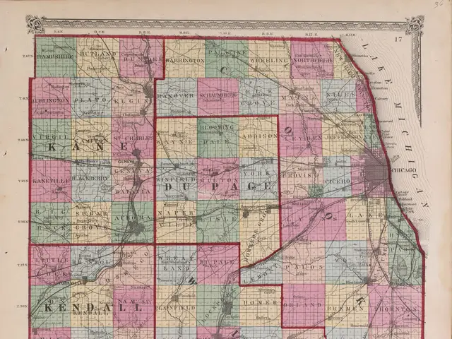 The image shows an old map of the state of Illinois, with the counties of Cook, DuPage, Kane,...