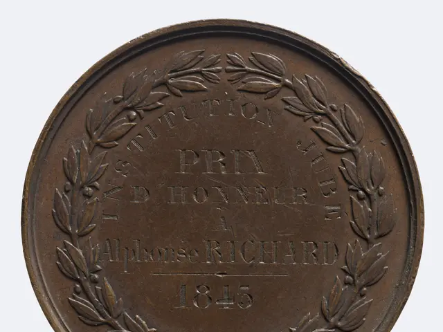 The image shows a bronze medal with a laurel wreath on it against a white background. The medal is...