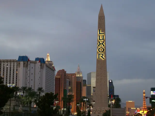 The image shows the Luxor Hotel and Casino in Las Vegas, Nevada. In the center of the image is an...