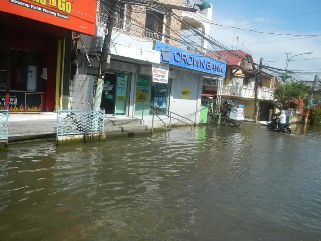 The image shows a flooded street in the middle of a city, with buildings, electric poles, electric...